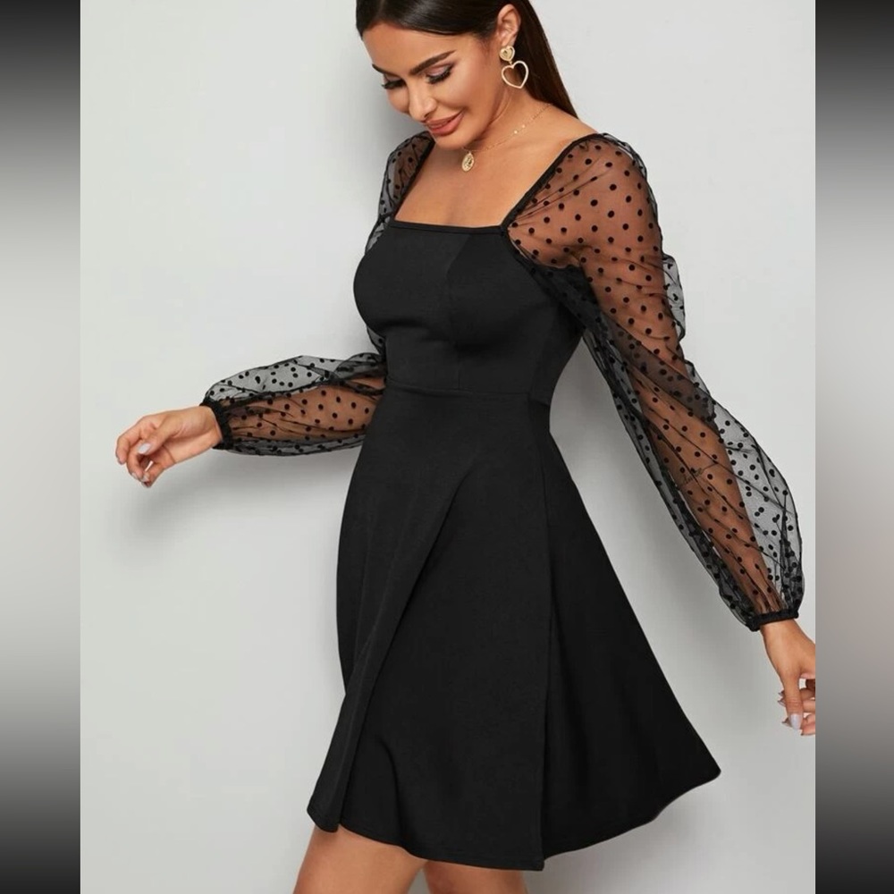 Square neck long sleeve polka dot mesh sheer sleeves black mini dress - Picture 3 of 4